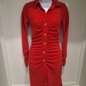 Ruched Button-Front Red Long-Sleeve Maxi Dress